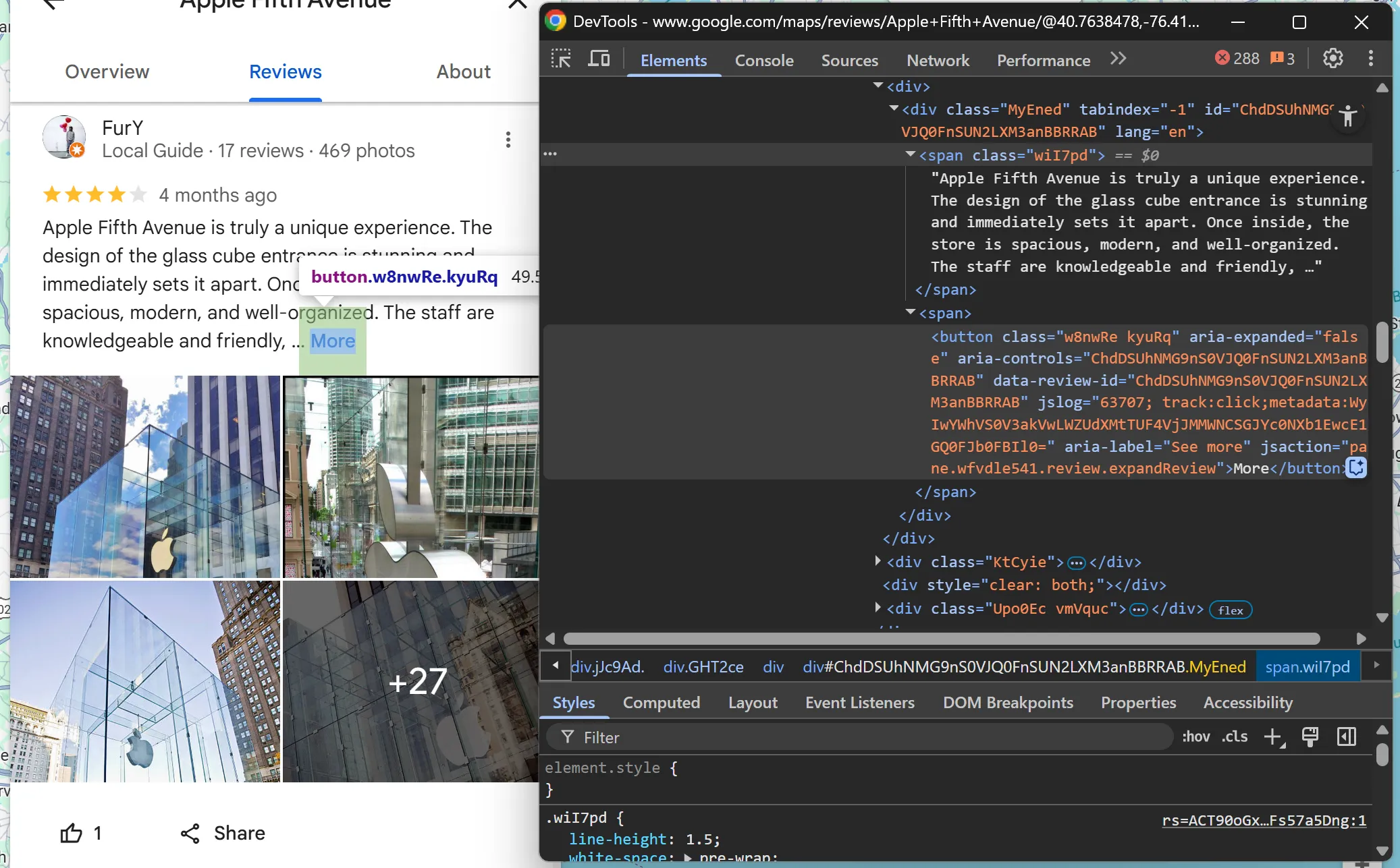The HTML of the “More” button 