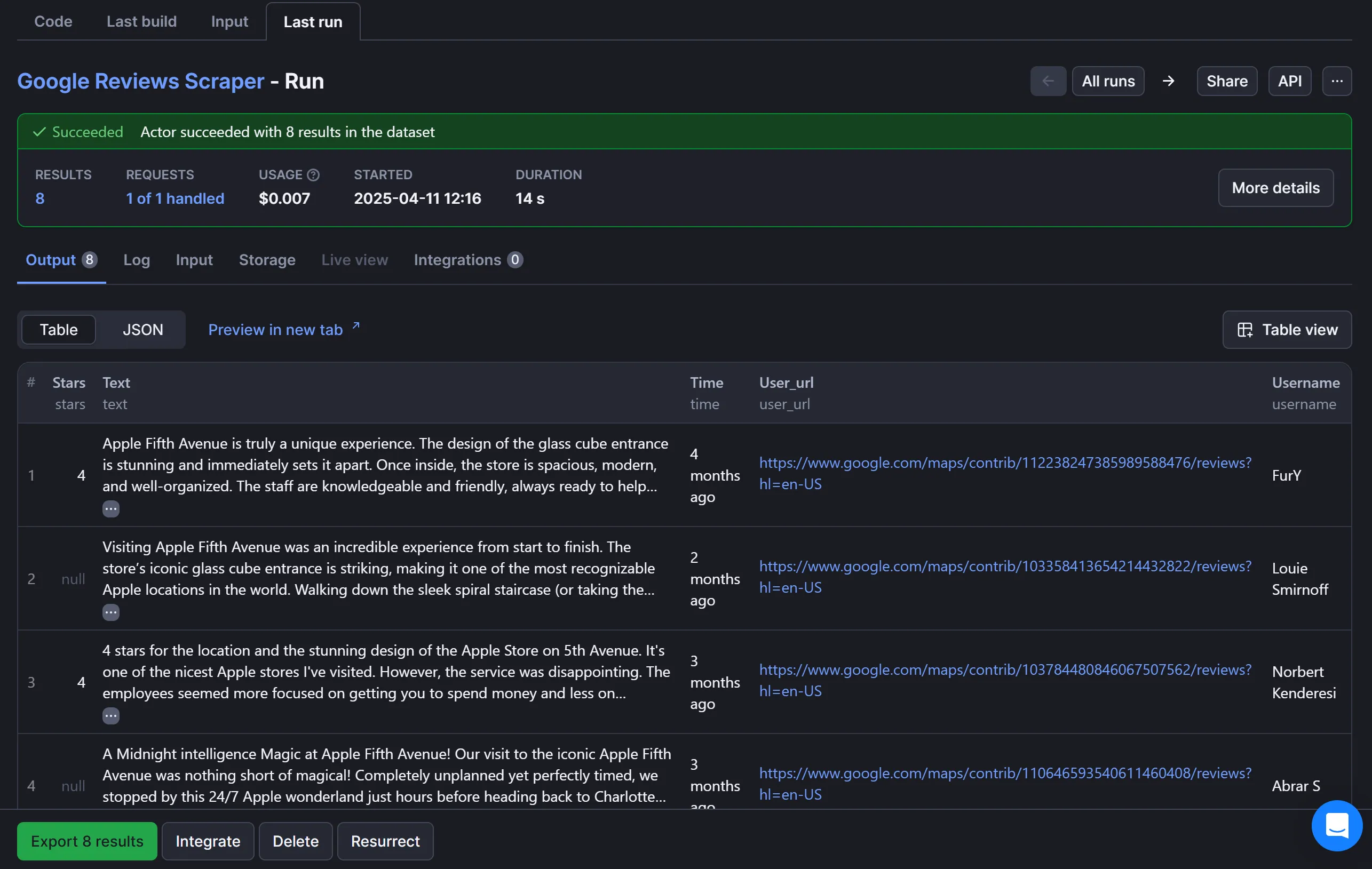The resulting scraped reviews